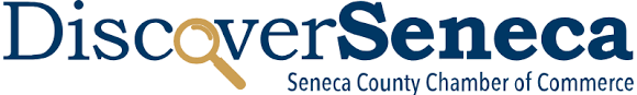 Logo for Discover Seneca, featuring a magnifying glass in 'Discover', with 'Seneca County Chamber of Commerce' below.