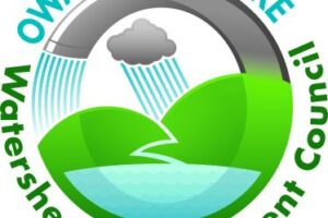 Logo for Owasco Lake Watershed Management Council with a faucet, rain cloud, green hills, and lake.