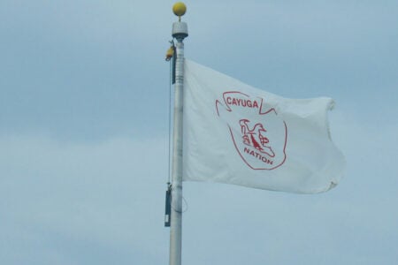 Cayuga Nation flag, white with red emblem, waves on a flagpole against a gray sky.