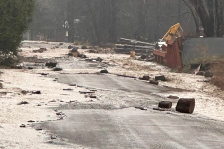 A road in a wooded area is scattered with wood debris and a light coating of hail after a storm in the Finger Lakes.