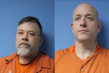 Mugshot composite shows two men in orange jumpsuits against a blue background.