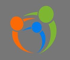 Abstract logo of three stylized figures (orange, blue, green) connected by curved lines on a gray background.