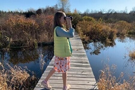 Young girl with binoculars on a boardwalk observes nature at a Finger Lakes wetland in autumn.