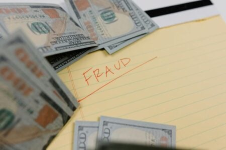 US hundred-dollar bills and a credit card on a yellow notepad with 'FRAUD' written in red.