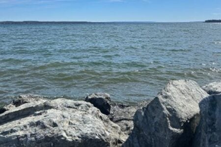 Waves ripple on Seneca Lake under a blue sky, viewed from a rocky shoreline.