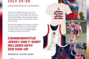 Flyer promoting Canandaigua's July 25-26 "Shootout for Soldiers" lacrosse event at Canandaigua Academy to support American veterans.