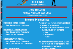 Flyer advertises the Inaugural Shootout on the Links, a 4-person scramble at Winged Pheasant Golf Links on June 20, 2026, with sponsorship opportunities.