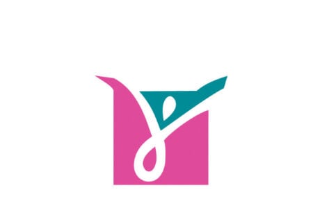 Pink square logo with teal figure extending arms, white flowing design.