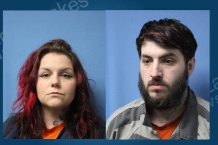Two mugshot portraits against a blue background; a woman and a bearded man wearing jail attire.