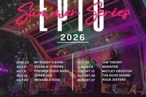 EPIC Summer Series 2026 flyer showing a band performing on a brightly lit outdoor stage at Emerson Park.