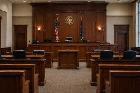 Empty courtroom featuring a judge's bench, US flag, state flag, and federal seal on dark wood panels.