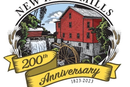 New Hope Mills 200th Anniversary logo featuring a red mill, water wheel, waterfall, wheat, and '1823-2023'.