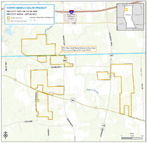 Map outlining the 827-acre North Seneca Solar Project boundaries and transmission lines in Seneca County, NY.