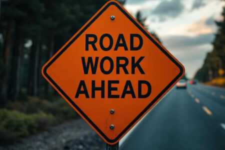 Orange "Road Work Ahead" sign on a highway in the Finger Lakes region warns drivers of construction.