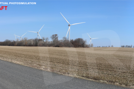 A photo simulation shows wind turbines in a field along a road in a rural Finger Lakes area.