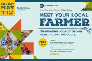 Flyer for "Meet Your Local Farmer" event at New York Kitchen, Canandaigua, featuring local produce, a farmer, and a calf.