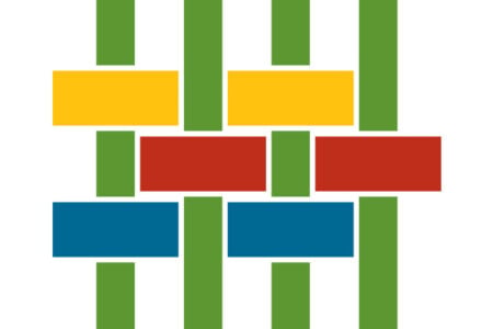 Abstract graphic of interwoven green, yellow, red, and blue rectangles against a white background.