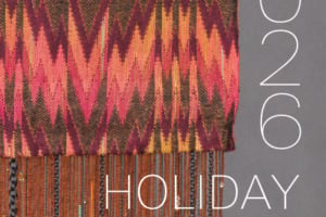 Poster for Weavers Guild of Rochester Holiday Sale, featuring vibrant woven fabric with geometric patterns and fringe.