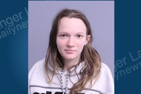 Female with long, light brown hair wearing a light gray hooded sweatshirt looks forward in a booking photo.
