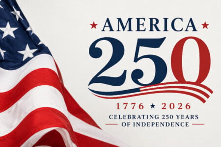 A waving American flag and the America 250 logo, celebrating 250 years of independence (1776-2026).