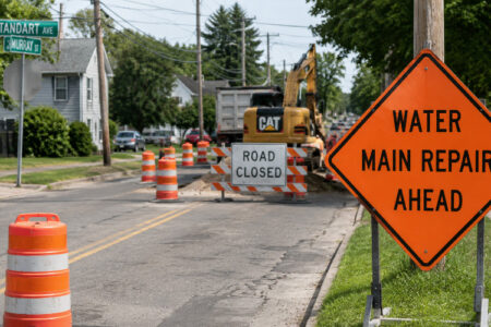 Orange "WATER MAIN REPAIR AHEAD" sign by a residential street with an excavator, dump truck, and "ROAD CLOSED" sign.