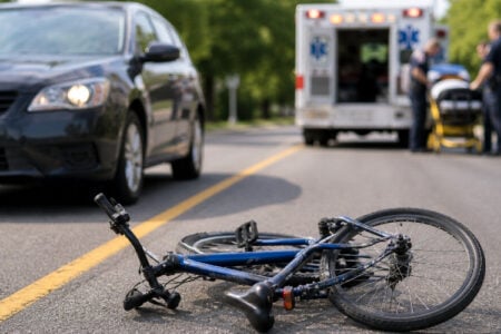 Bicycle on road at accident scene with car, ambulance, and EMTs attending a patient in the background.