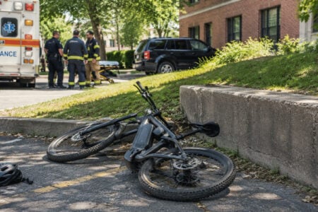 An overturned e-bike and helmet on asphalt after an accident, with an ambulance and emergency personnel nearby.