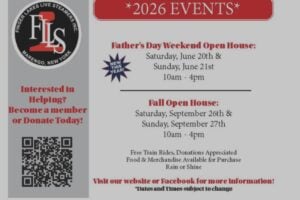 Finger Lakes Live Steamers Inc. flyer announces 2026 Father's Day & Fall Open Houses in Marengo, NY with train rides.