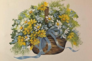 Painting of a woven basket filled with yellow daisies, white wildflowers, and small blue flowers, tied with a blue ribbon.