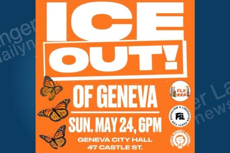Orange poster for "ICE OUT! OF GENEVA" rally at Geneva City Hall on Sun. May 24, 6PM, with monarch butterflies.