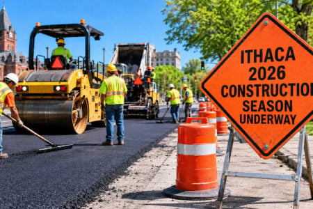 Road construction in Ithaca with workers, paving equipment, and an "Ithaca 2026 Construction Season Underway" sign.