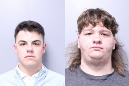 Mugshots of two men: one with short dark hair, the other with a mullet and light stubble.