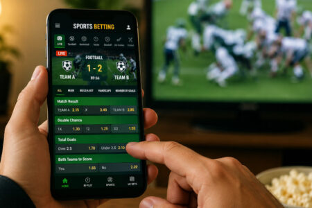 Hands tap a smartphone sports betting app showing a football score, with a blurry American football game on a TV.