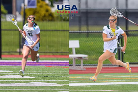 Two William Smith lacrosse players run across a turf field with sticks and balls.