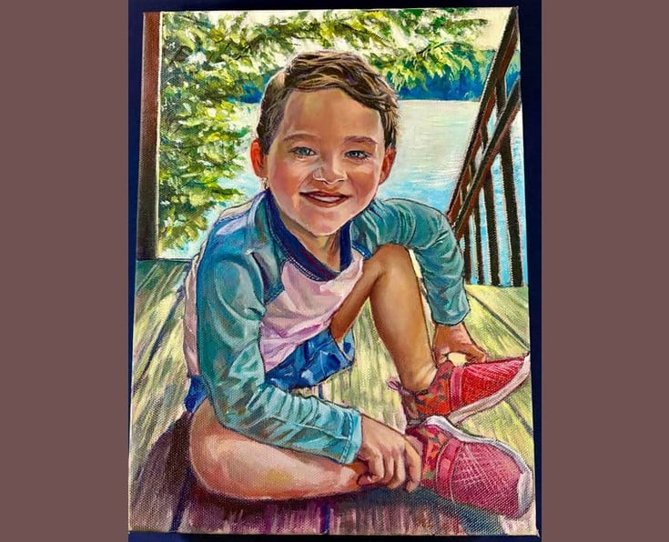 Painting: Smiling young boy in a blue and pink swim shirt crouches on a sunny wooden dock by a lake with trees.