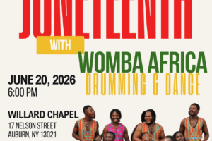 Flyer shows men in colorful African outfits playing drums, promoting a Juneteenth event with Womba Africa at Willard Chapel, Auburn.