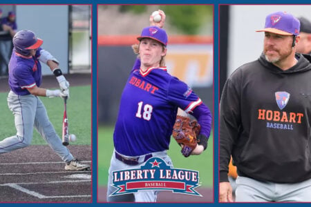 Hobart baseball player batting, another pitching, and a coach observing on a baseball field with a Liberty League logo.
