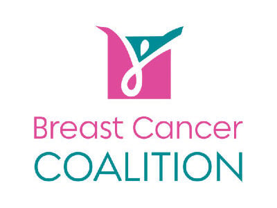 Breast Cancer Coalition logo with a stylized teal and white figure with raised arms inside a pink square.