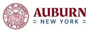 City of Auburn, New York official logo: a red circular seal next to "AUBURN" in red and "= NEW YORK =" in blue.
