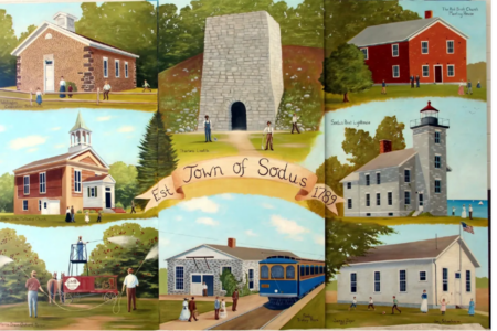 Vibrant mural showcasing various historical scenes and buildings of the Town of Sodus, established 1789.