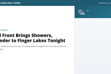 Weather forecast for the Finger Lakes: Cold Front Brings Showers, Thunder to Finger Lakes Tonight