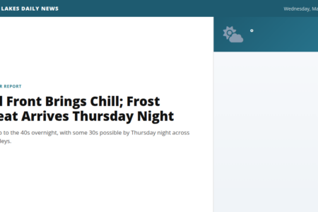 Weather forecast for the Finger Lakes: Cold Front Brings Chill; Frost Threat Arrives Thursday Night