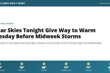 Weather forecast for the Finger Lakes: Clear Skies Tonight Give Way to Warm Tuesday Before Midweek Storms