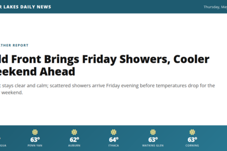 Weather forecast for the Finger Lakes: Cold Front Brings Friday Showers, Cooler Weekend Ahead