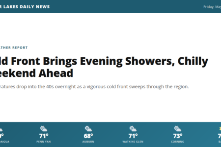 Weather forecast for the Finger Lakes: Cold Front Brings Evening Showers, Chilly Weekend Ahead
