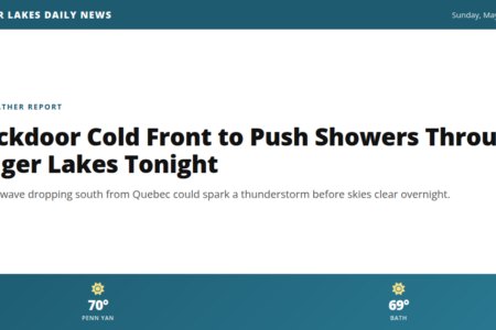 Weather forecast for the Finger Lakes: Backdoor Cold Front to Push Showers Through Finger Lakes Tonight