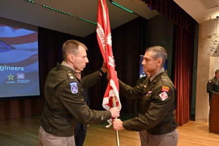 Commanders exchange the US Army Corps of Engineers flag in a Buffalo District ceremony.