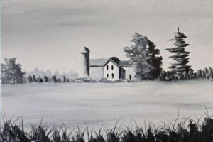 Black and white painting of a farmstead with silo, barn, and a stylized tree in a field with tall grass.
