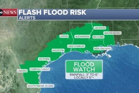 ABC News weather map displays Flash Flood Risk and Flood Watch for southeast Texas, Louisiana, and Mississippi, with 3-6" expected rain.