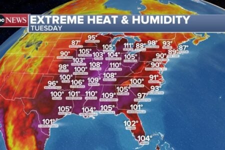 National weather map for Tuesday showing extreme heat and humidity across central and eastern US, with many cities over 100°F.